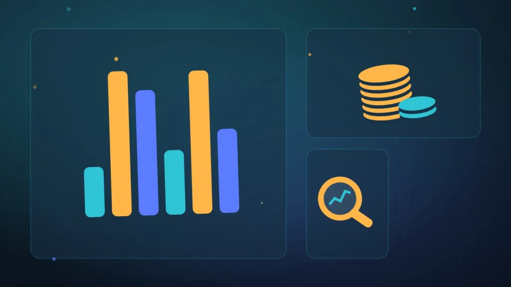 A bar chart, stacked coins and a magnifying glass on a plain background