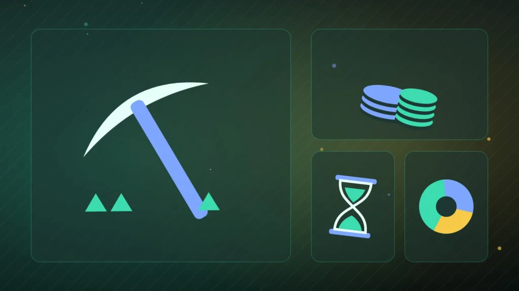 Abstract pickaxe beside stacked coins, an hourglass and a divided pie chart
