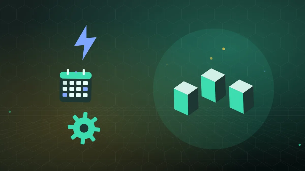Abstract isometric blocks with a lightning bolt, a calendar page and a gear