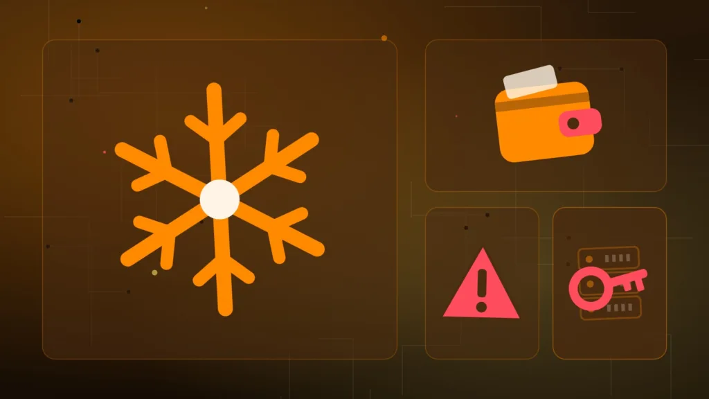 Abstract snowflake over a wallet, with a warning sign, server rack and key