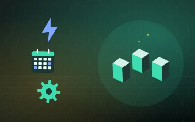 Abstract isometric blocks with a lightning bolt, a calendar page and a gear